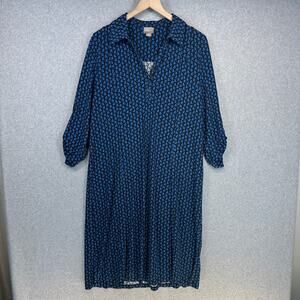 Chico's Geometric Midi Shirt Dress Womens Size 2 Blue Dusk Black Roll Tab Sleeve